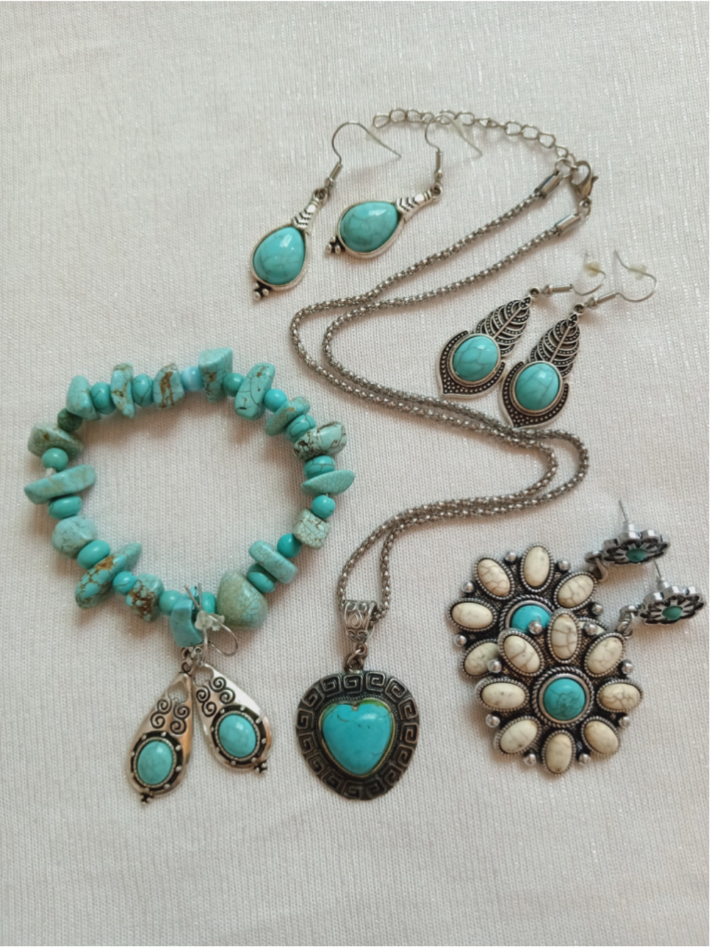 Western Stone Jewelry Collection Turquoise Silver Heart Flower Dyed agate Boho - Picture 8 of 8